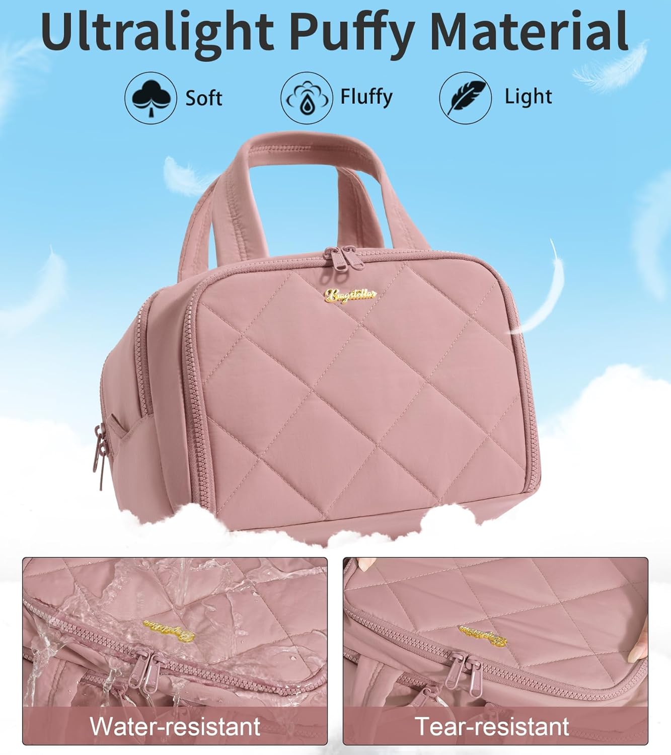 Skiennix Travel Toiletry Bag - Large Quilted Makeup Organizer | Water-Resistant & Lightweight - Dark Pink