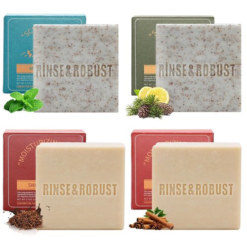 Rinse & Robust Men's Bar Soap Gift Set - Moisturizing & Exfoliating Cleansing Bars | 4 Scents, 5.3 oz Total