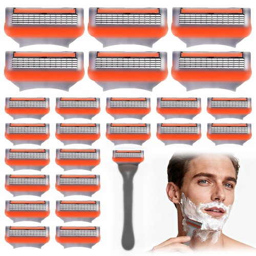 24Pcs Premium Razor Blades for Men - 5-Layer Stainless Steel Cartridge Refills Compatible with Fusion 5 Style Razors, Comfortable experience