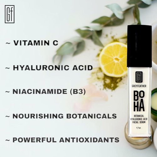Greyfeather Hyaluronic Acid Serum - Botanical Hydration with Vitamin C & E | Anti-Aging, Vegan, 1.7oz