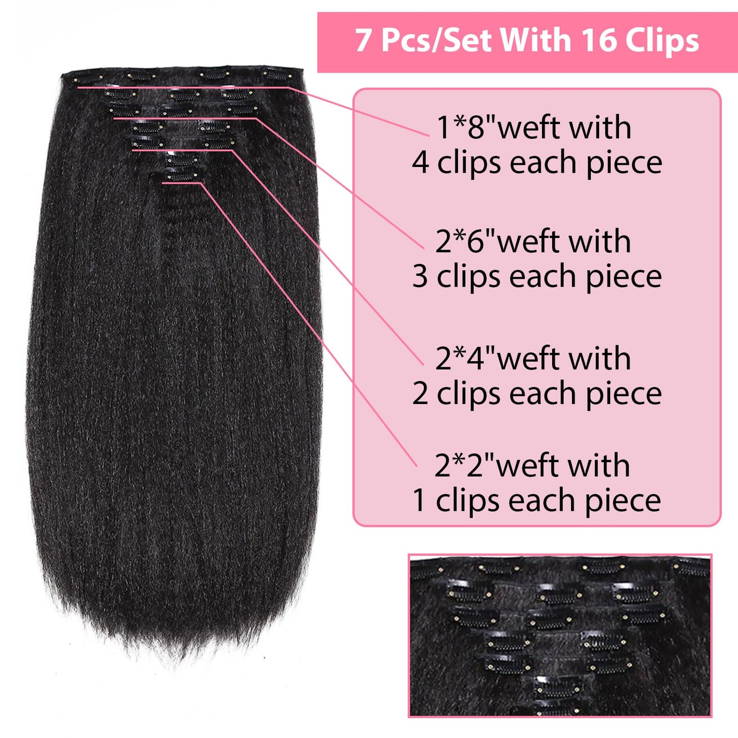 Yargel Hair 14 Inch Kinky Straight Clip in Hair Extensions for Black Women Full Head Yaki Straight Seamless Clip ins Synthetic Hair Pieces(1 pack)