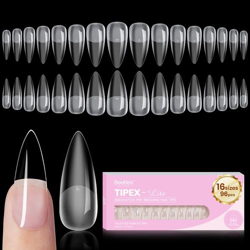 Beetles Tipex Lite Instant Apex Nail Tips, Medium Stiletto, 16 Sizes | 00–14, Built-in Apex Acrylic Tips for Flat & Natural Nail Beds, Beginner-Friendly Easy DIY Nail Extensions