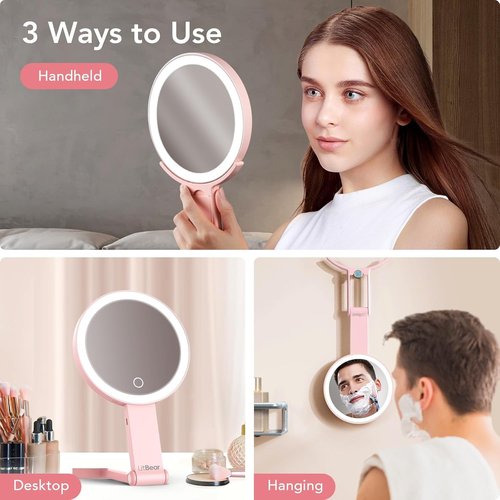 LitBear Travel Makeup Mirror - Rechargeable Double-Sided 10X/1X Magnifying Mirror | Portable Lighted Beauty Mirror with Dimmable Touch Screen (Pink)