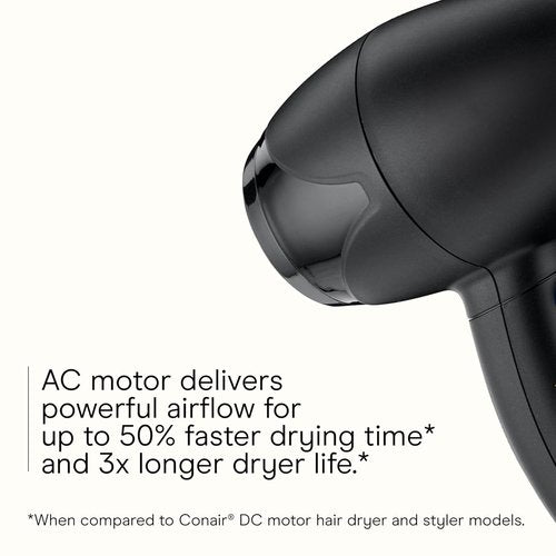 INFINITI PRO CONAIR Travel Hair Dryer - 1600W Compact Blow Dryer with Concentrator Attachment | Lightweight & Fast Drying, Black