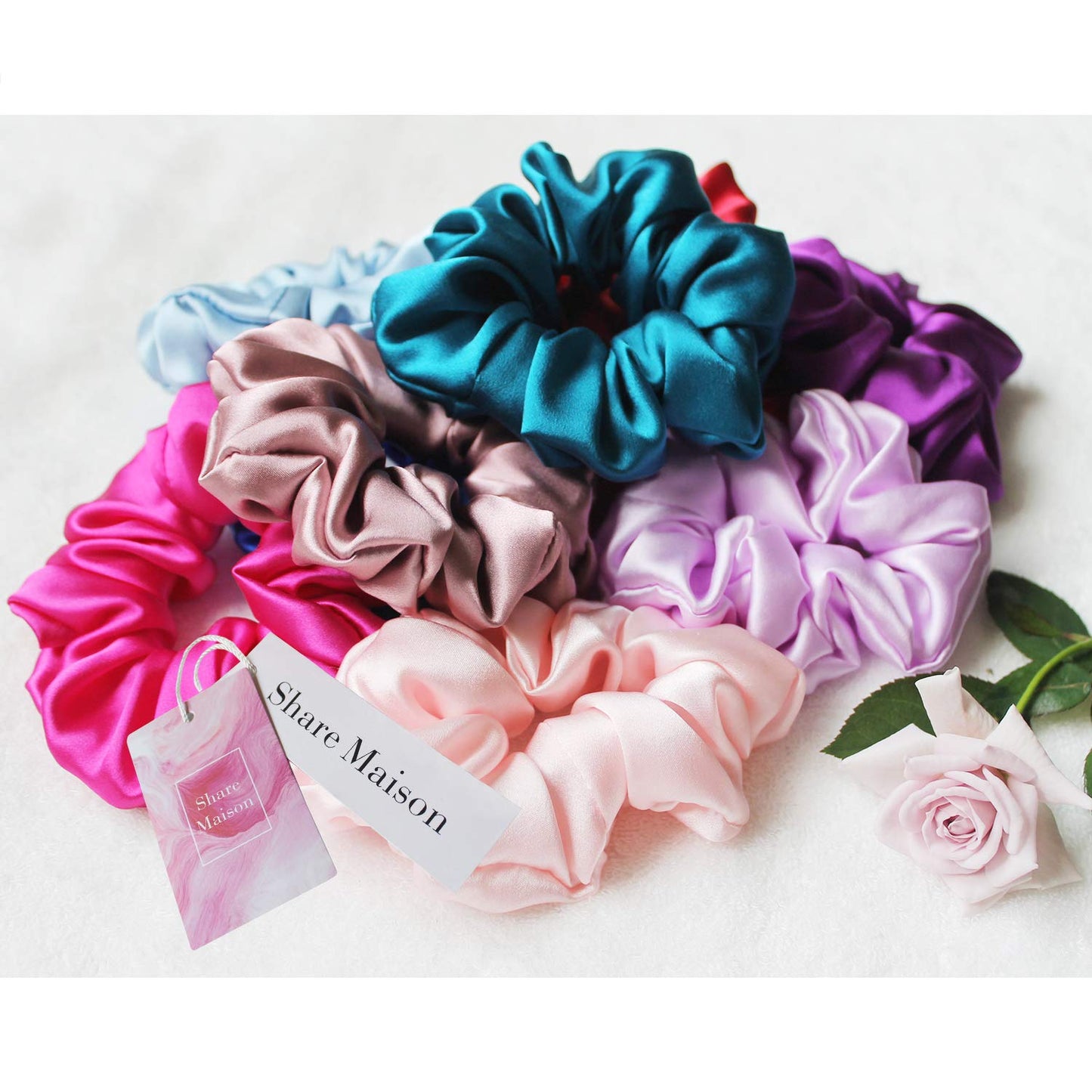 Share Maison Real Natural Mulberry Silk Scrunchies Hair Elastics Hair Band Hair Ties Hair Holder for Women Girls (D-sku blue+pink)