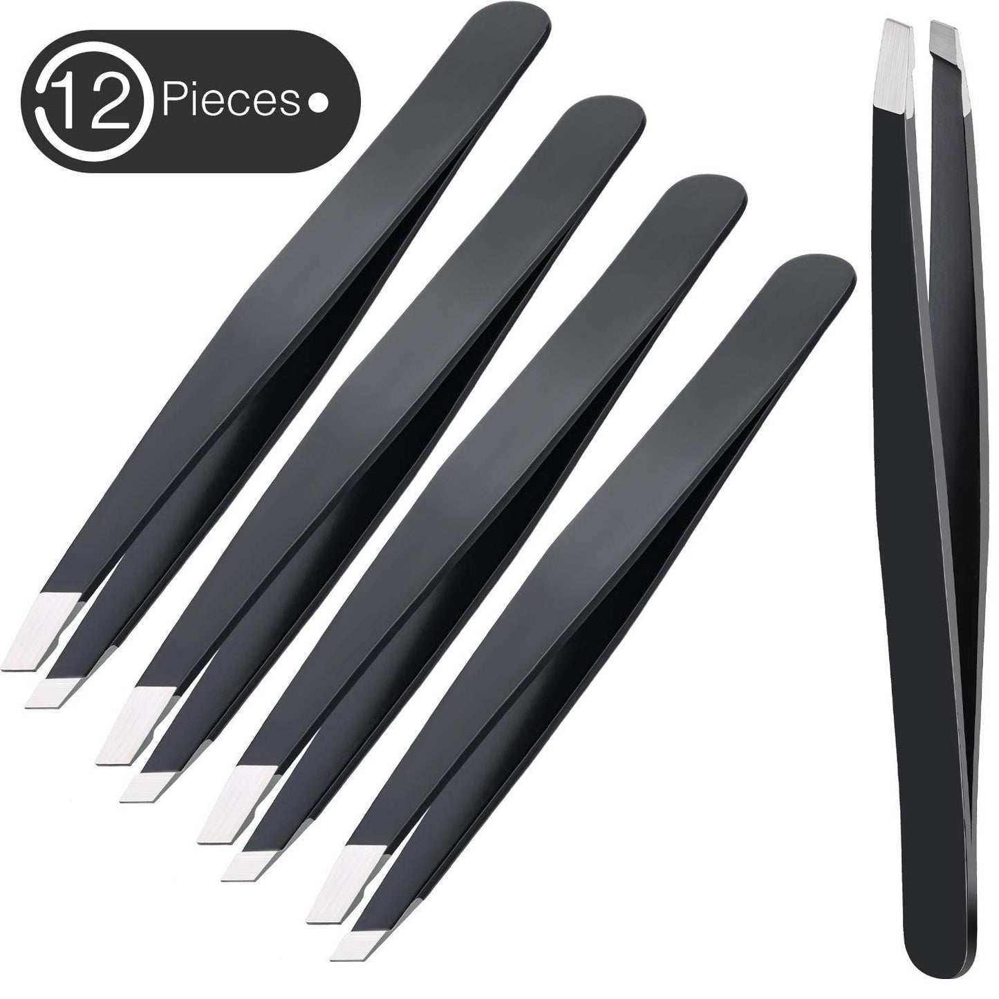 Mudder 12 Pcs Eyebrow Tweezers Set for Facial Hair Stainless Steel Slant Tip Tweezers in Bulk for Men and Women(Black)