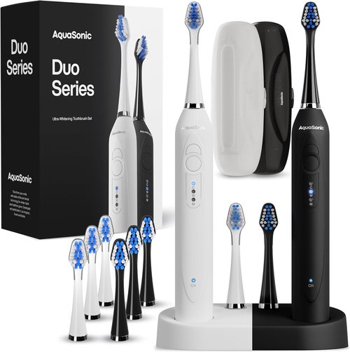 Aquasonic Duo Electric Toothbrush - Dual Handle Ultra Whitening | 40,000 VPM, 3 Modes, 10 Brush Heads & 2 Cases