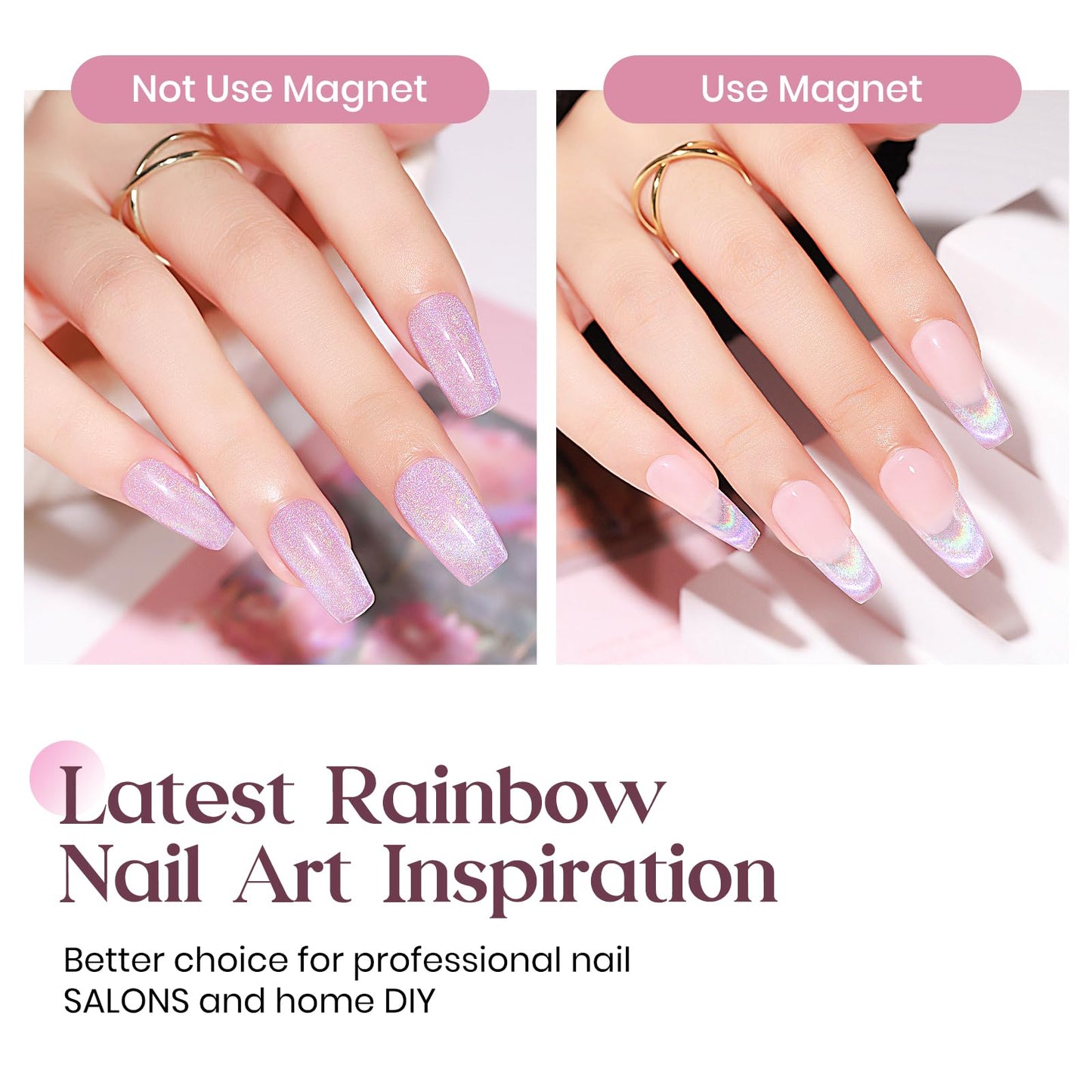 MIZHSE Cat Eye Gel Nail Polish: Glitter Rainbow Holographic Gel Polish with Magnet, Reflective Translucent UV Gel for Nail Salon Home DIY, Pink Rainbow 10Ml