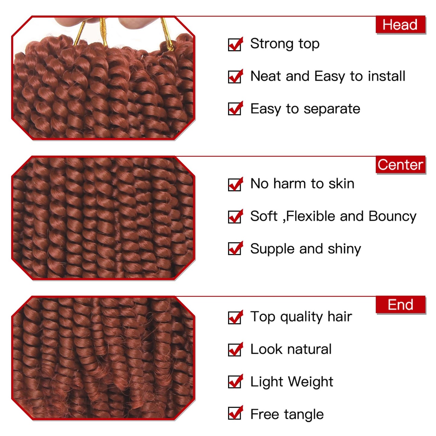 Xtrend 90strands Copper Red Spring Twist Crochet Braids Hair for Distressed Butterfly Locs 8 Inch Fluffy Twist Hair Synthetic Braiding Hair Extensions for Women 350#