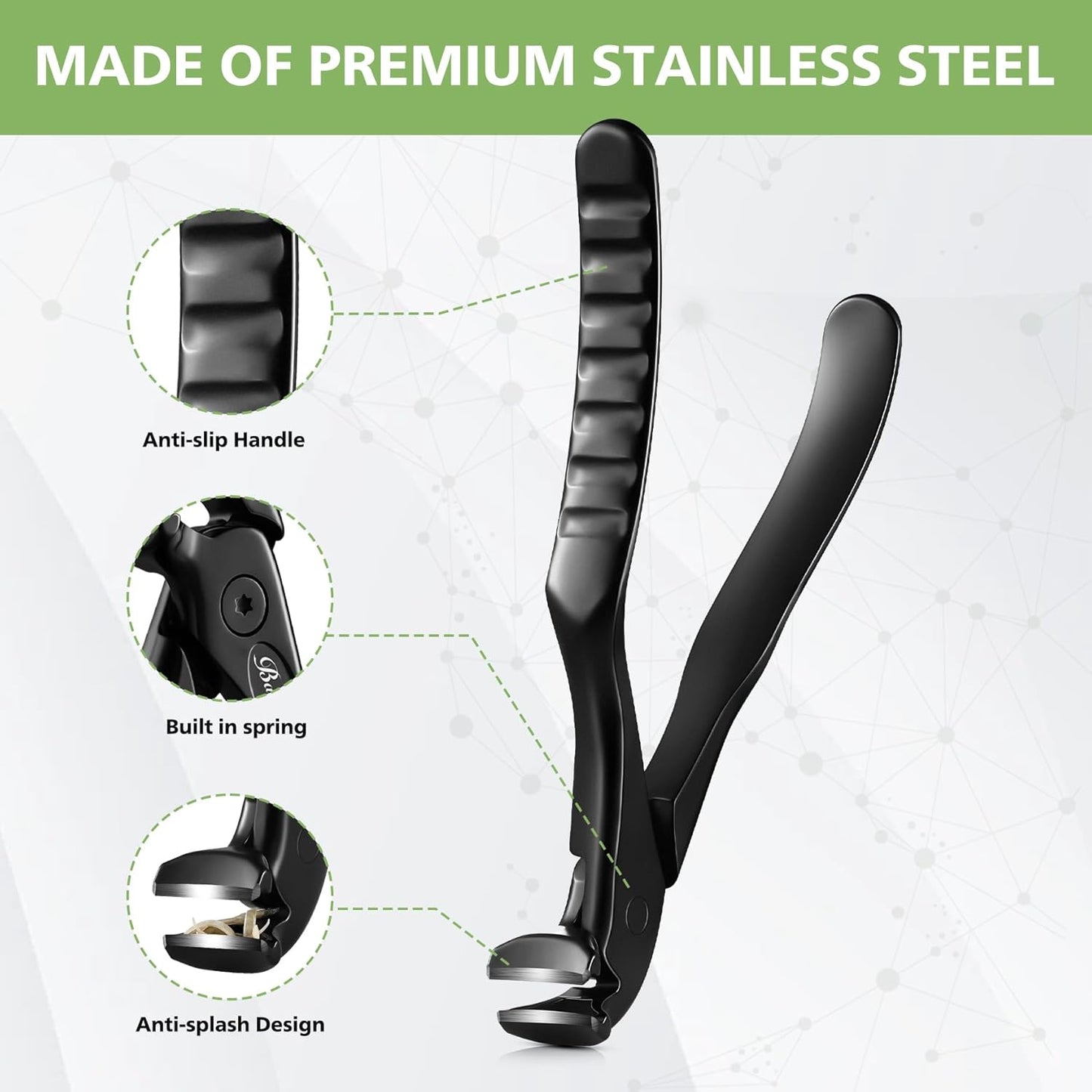 BALUCA Ergonomic Nail Clipper for Seniors - Toenail Clipper for Thick Toenails and Fingernails, Long Handle Nail Clippers with Catcher, Precision Nail Trimmer for Men and Women - Black