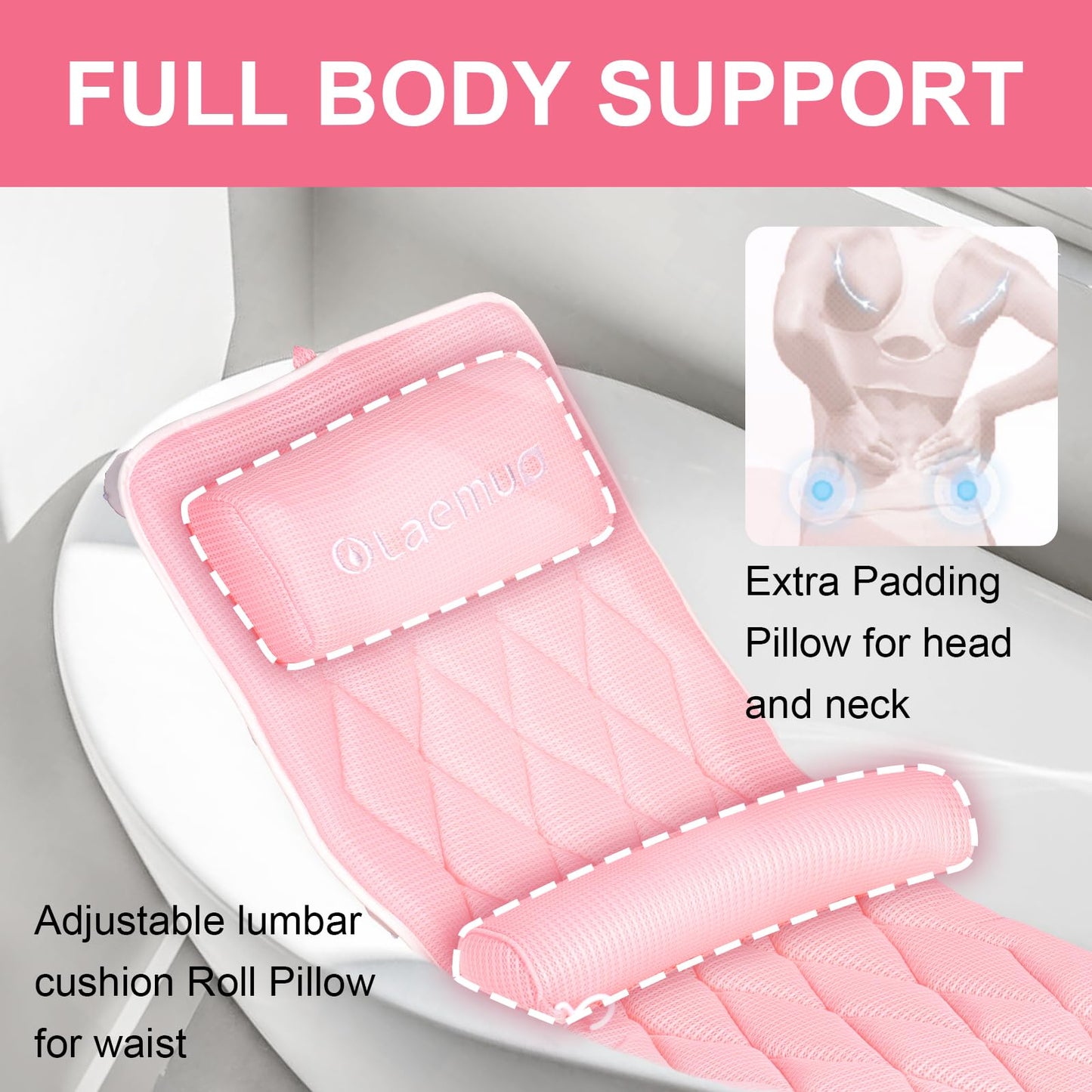 Full Body Bath Pillow Bathtub Pillows-Removable Lumbar Cushion with 17 Non-Slip Suction Cups 4D Air Mesh Fit Any Tub Luxury Bathroom Accessories-Pink