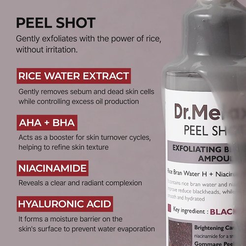 Dr. Melaxin Peel Shot Glow Black Rice Peeling Ampoule - Gentle Exfoliating Serum with AHA & BHA, 2.71 fl. oz.