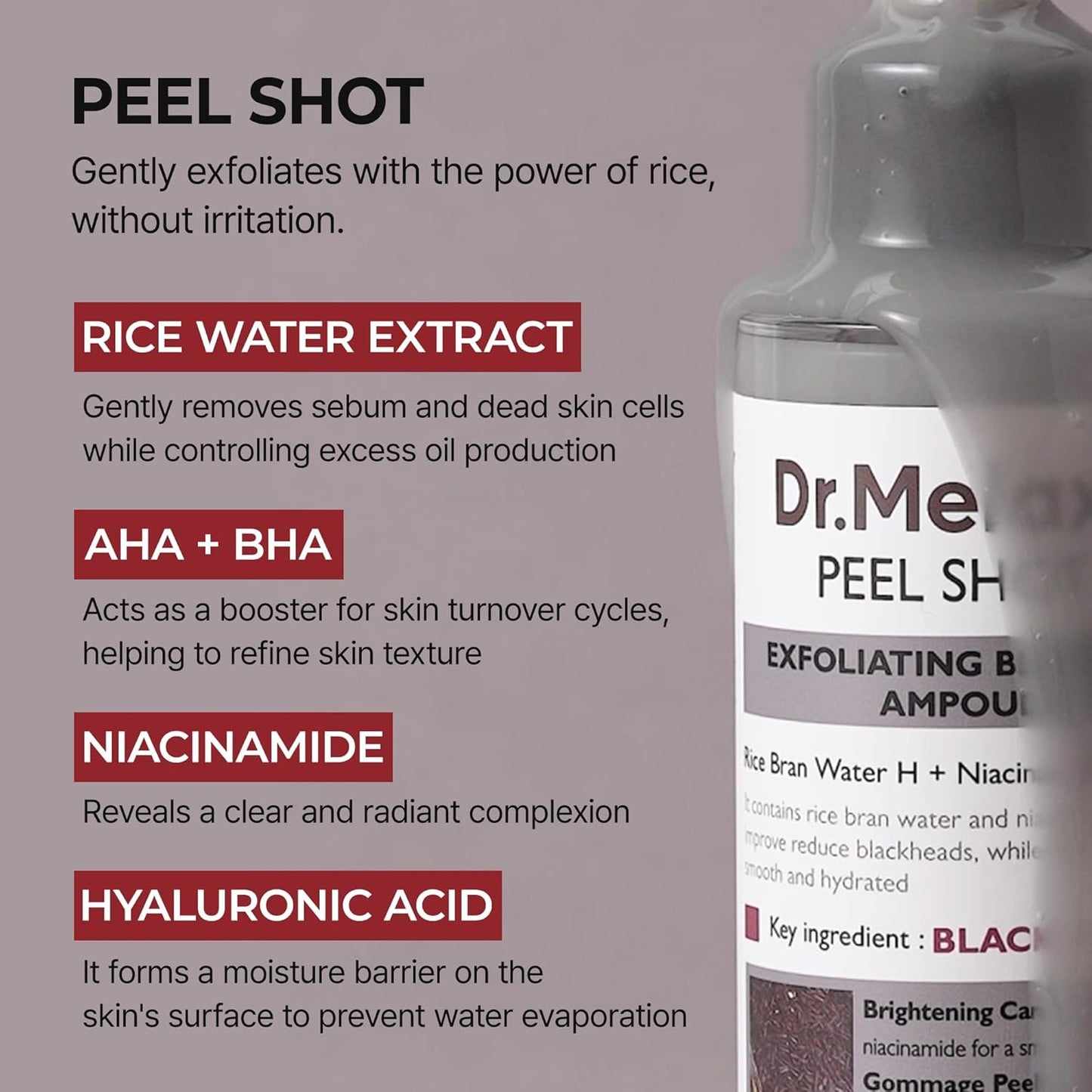 Dr. Melaxin Peel Shot Glow Black Rice Peeling Ampoule - AHA BHA Exfoliant with Rice Water & Niacinamide, 2.7 fl. oz for Radiant Skin