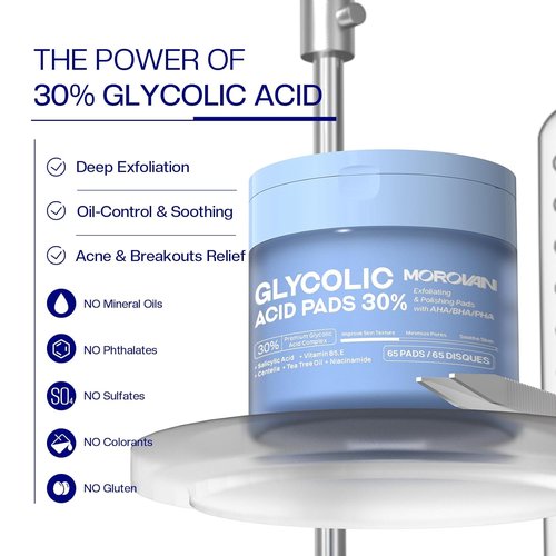 Morovan Glycolic Acid Pads - 30% Dual-Sided Exfoliator for Blemishes & Skin Clarity | 65 Pads