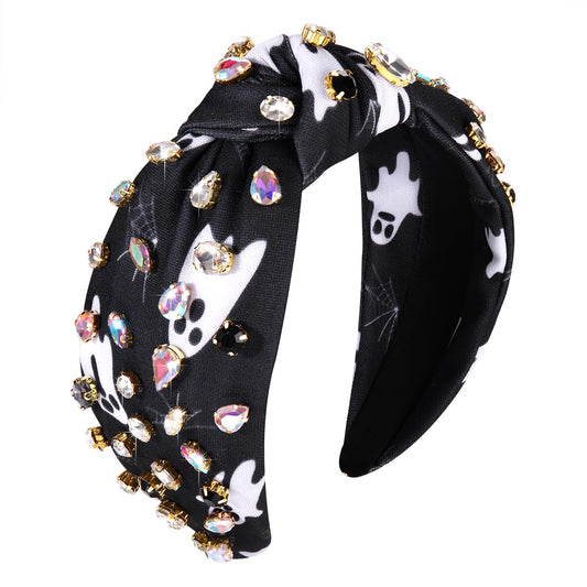 Halloween Crystal Knotted Headband for Women Rhinestone Jeweled Embellished Spooky Ghost Print Wide Top Knot Hairband Halloween Costume Party Hair Accessory