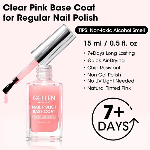 GELLEN Clear Nail Polish Base Coat - Sheer Tinted Pink Formula | Strengthens Nails & Enhances Natural Look