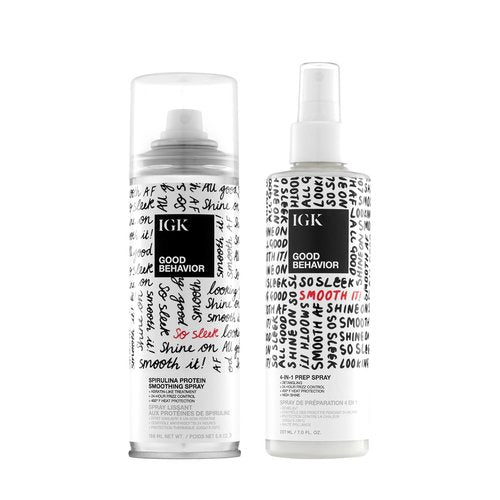 IGK Good Behavior Smoothing Frizz Fighters Set - 4-in-1 Prep Spray & Spirulina Protein Spray | Frizz Control & Heat Protection | Vegan & Cruelty-Free
