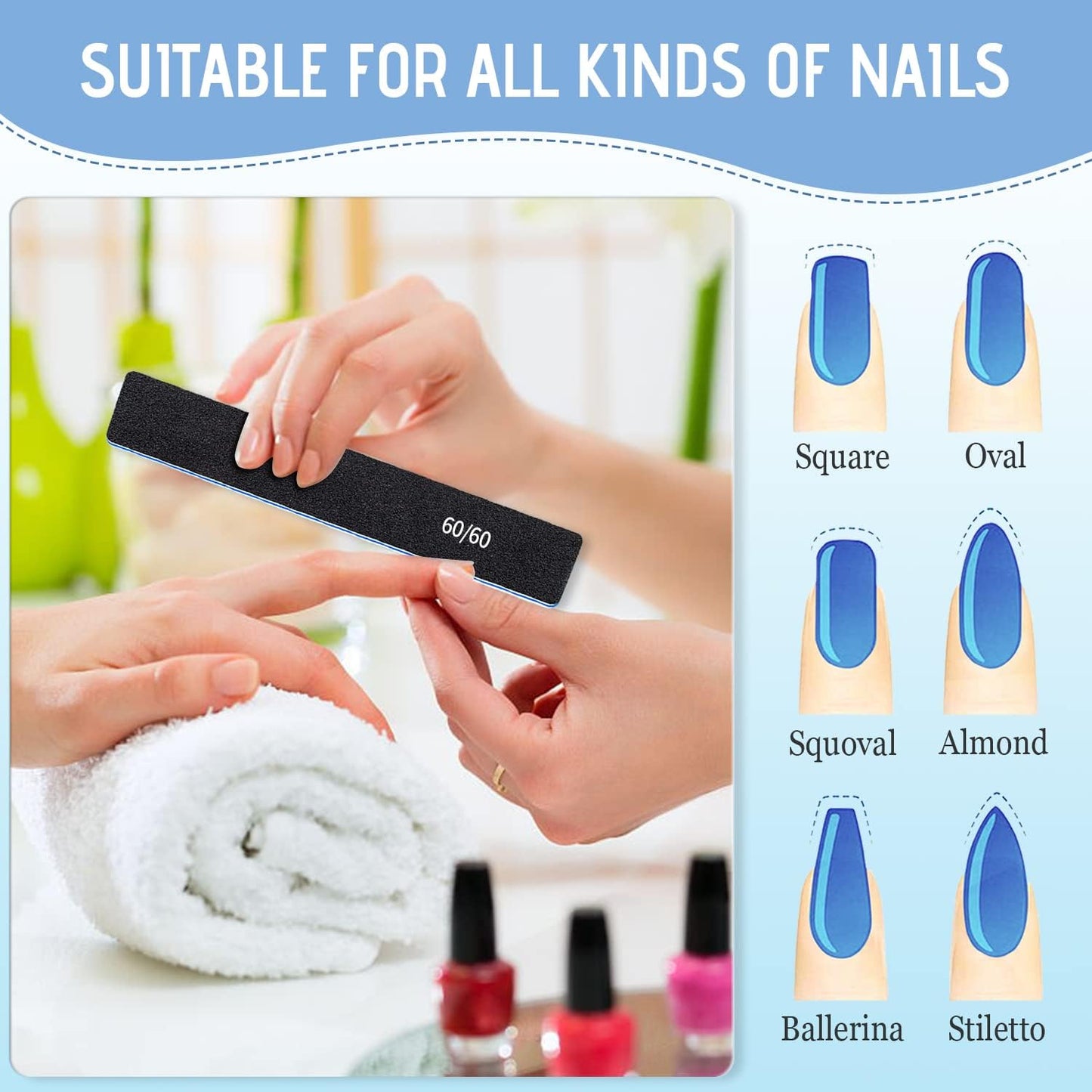 Skiennix 12 Pcs Professional Nail Files - Double-Sided 60/60 Grit Emery Boards for Acrylic & Gel Nails
