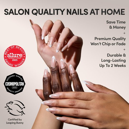Glamnetic Press On Nails - Mother Pearl | Medium Almond White French Tip Fake Nails, Salon Quality French Manicure | 15 Sizes - 30 Nail Kit with Glue