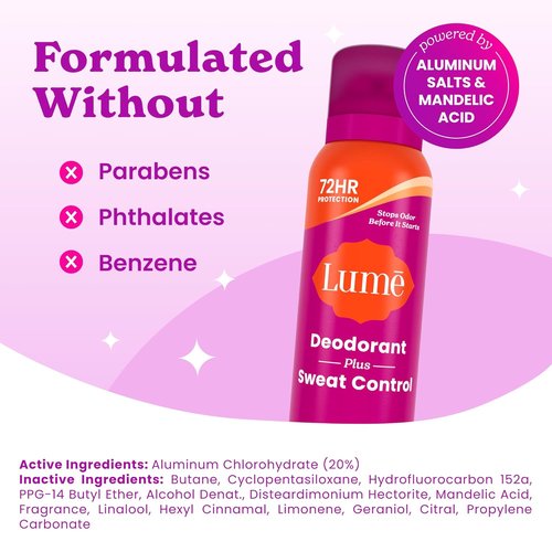 Lume Deodorant Plus Sweat Control - Extra Strength Invisible Spray Antiperspirant - 72 Hour Odor Protection | 2 Pack (Clean Tangerine)