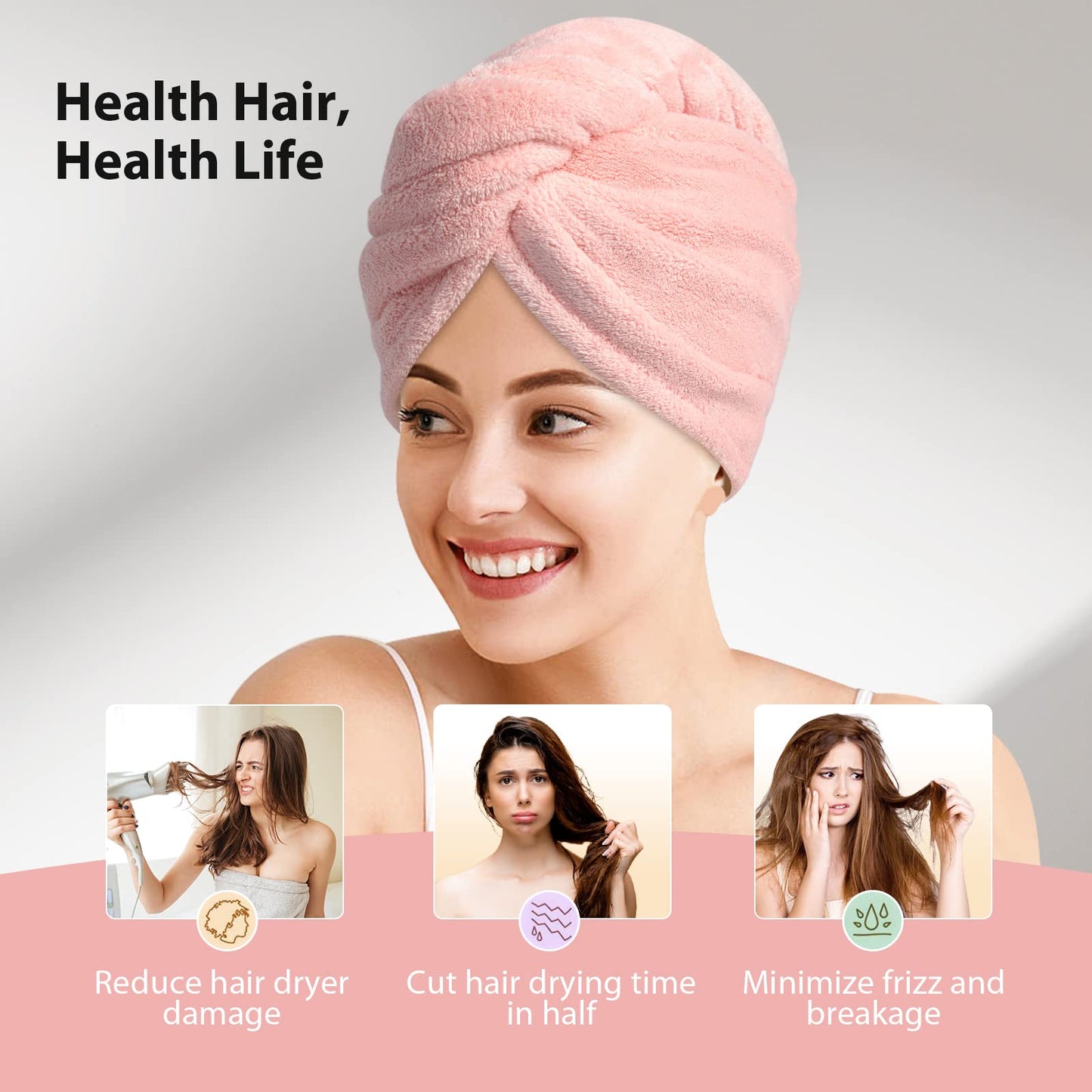 YFONG Microfiber Hair Towel 3 Pack, Hair Towel with Button, Super Absorbent Hair Towel Wrap for Curly Hair, Fast Drying Hair Turban Towel for Women, Anti Frizz Microfiber Towel