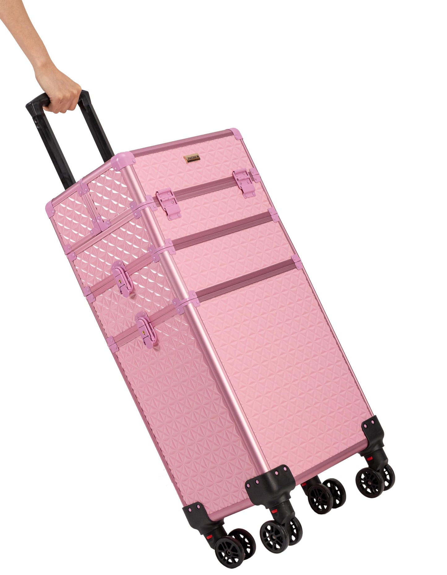 JINGUAN 3 in 1 Rolling Makeup Train Case, Multi-functional Cosmetic Trolley with 360° Swivel Wheels Keys, Large Storage Traveling Cart Trunk for Nail Technicians Hairstylist, Pink