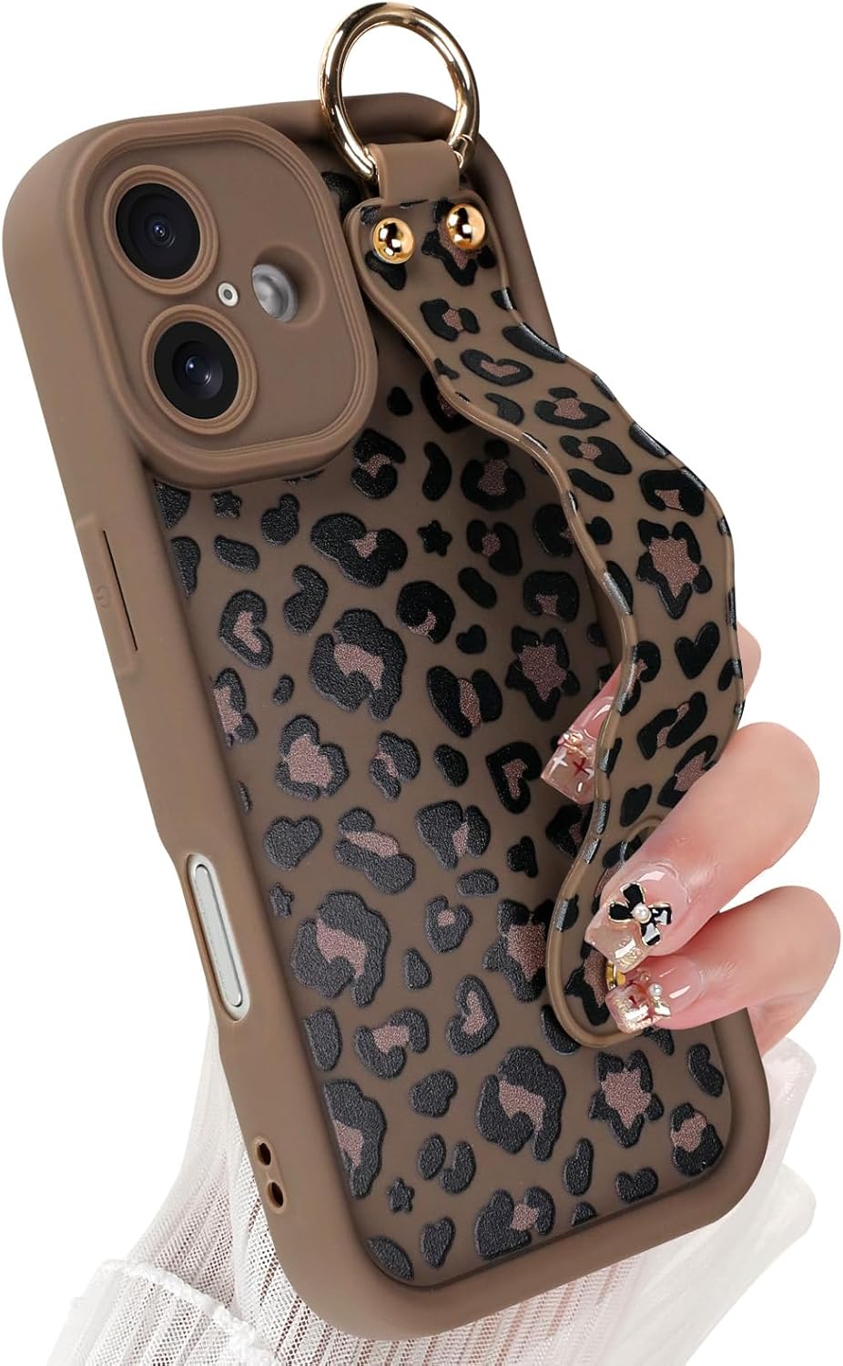 Skiennix iPhone 16 Case - Cute Brown Leopard Design with Finger Strap & Kickstand, Durable Silicone Cover