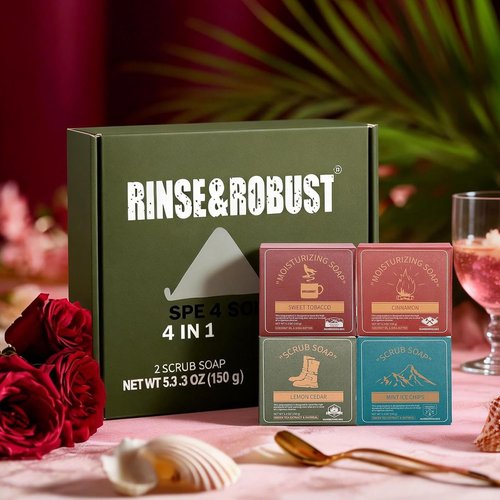 Rinse & Robust Men's Bar Soap Gift Set - Moisturizing & Exfoliating Cleansing Bars | 4 Scents, 5.3 oz Total