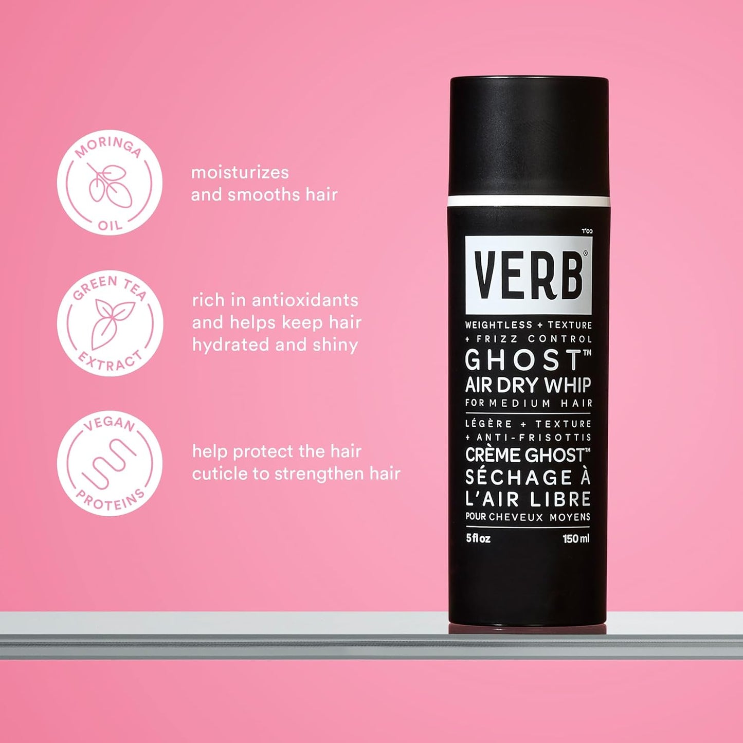 VERB Ghost Air Dry Whip - Weightless Styling Cream - Infused with Moringa Oil - Anti-Frizz + Provides Hydration & Texture- Vegan, No Parabens or Harmful Sulfates
