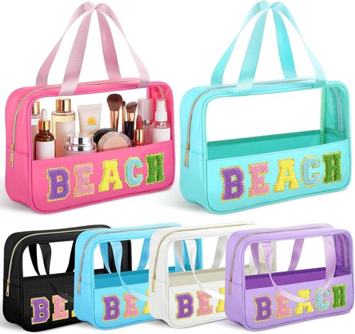 Hillban Clear Beach Makeup Bags - 6 Pcs Waterproof Travel Toiletry Set with Handle | Large PVC Nylon Cosmetic Bags for Summer