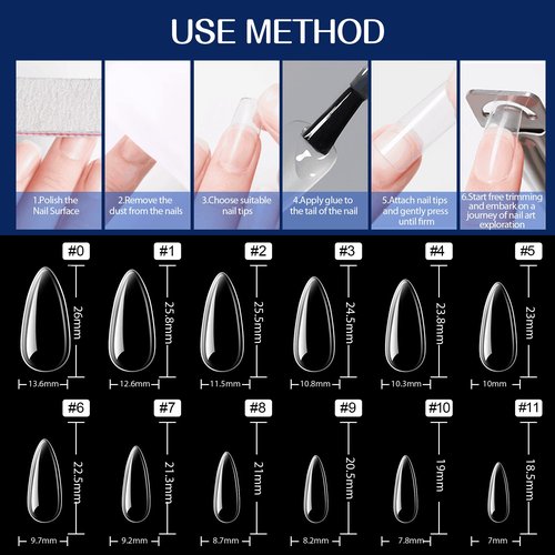 UNA GELLA Almond Fake Gel Nail Tips, 216pcs Medium Almond Pre Shaped Nails Tips for Long-Lasting Acrylic Nails, Perfect for DIY At Home French Style Nail Salon 12 Sizes