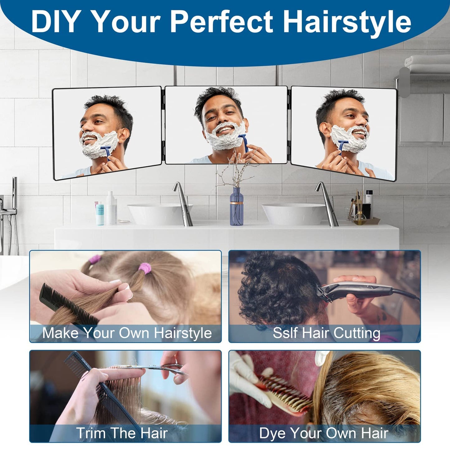 LMZNXCZ with LED Lights 3 Way Mirror for Self Hair Cutting,360 Haircuts Mirror Men for Barber Use Tools,to See Back of Head,Tri Fold with Portable Height Adjustable Telescoping Hooks