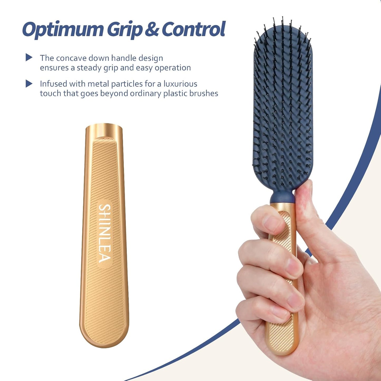 SHINLEA Slim Hair Brush - Soft Double Nylon Bristles for Deep Detangling & Massage | Luxury Gold Handle