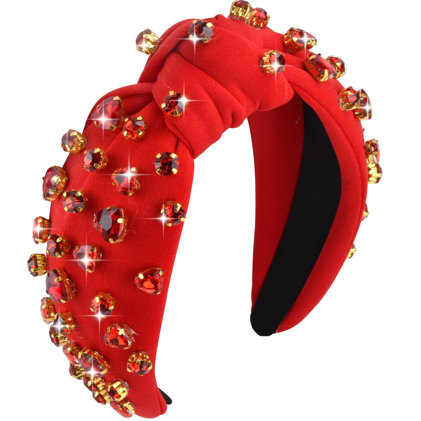 KESOCORAY Valentine’s Mother's Day Rhinestone Sparkly Headband for Women Crystal Jeweled Wide Top Knotted Headbands Holiday Hair Accessories Gifts (Red Heart)