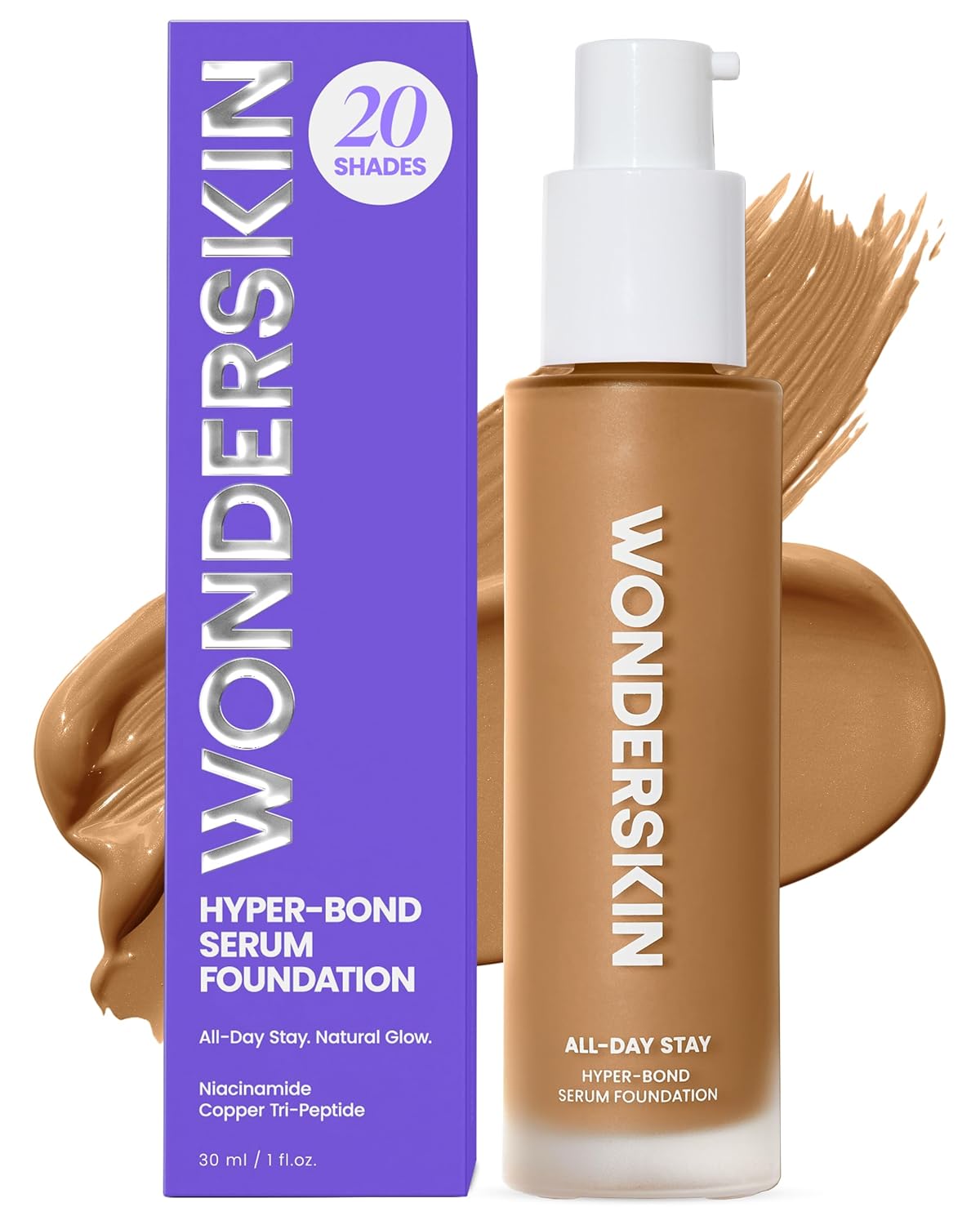 Wonderskin Hyper Bond All-Day Stay Serum Foundation - Waterproof & Transfer-Proof, 24HR Longwear with Niacinamide & Hyaluronic Acid | Lightweight Natural Finish (Afterglow)