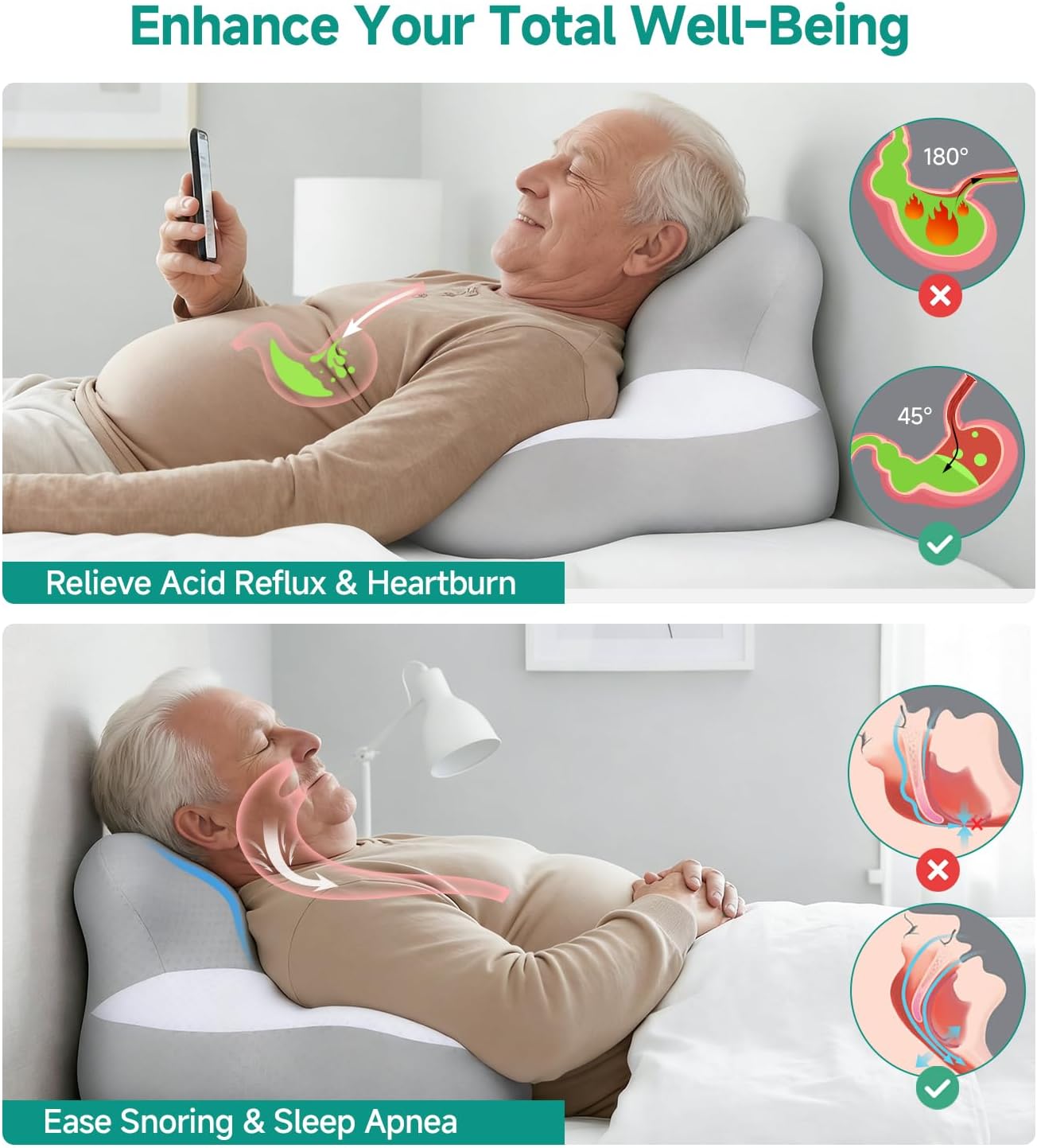 Skiennix Bed Wedge Pillow - 10 Inch Memory Foam for Sleep Apnea, Acid Reflux & Back Pain Relief