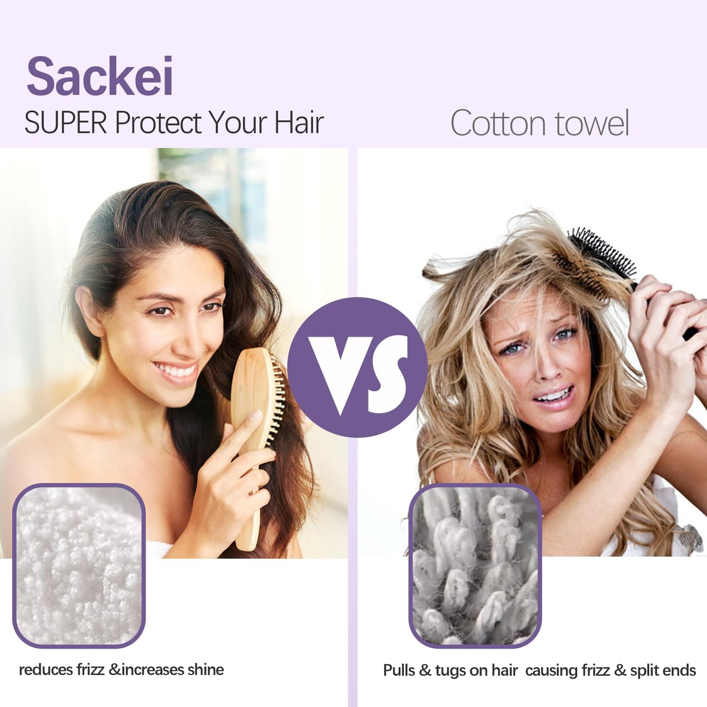 Sackei Large Microfiber Hair Towel Wrap 43.3" x 35.4" Soft Anti Frizz Hair Drying Towel with 2 Elastic Band, Super Absorbent Fast Dry Plopping Hair Turbans for Women Wet Long Curly Hair Purple