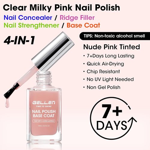 GELLEN 4-in-1 Clear Nail Polish - Base Coat, Sheer Tinted Natural Pink, Ridge Filler & Strengthener