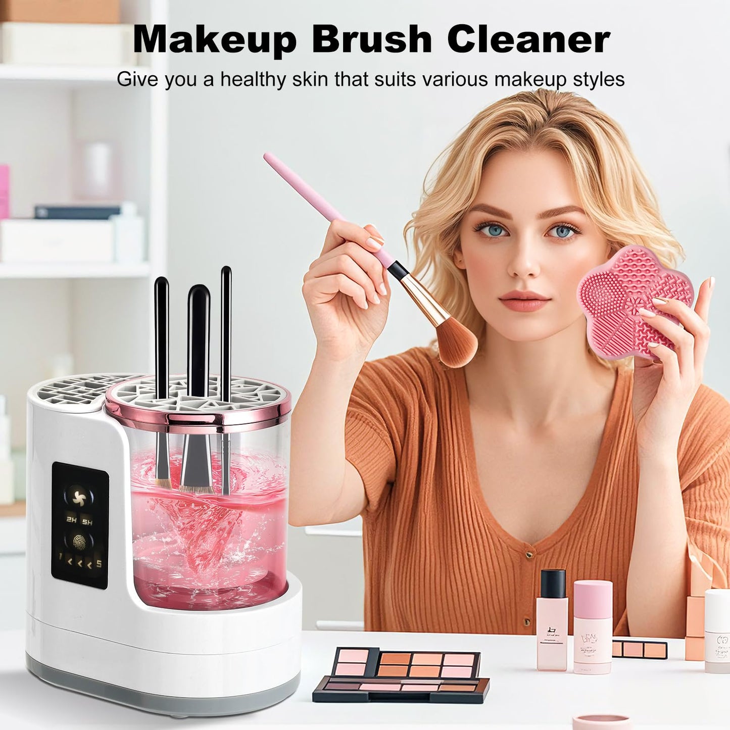 Electric Makeup Brush Cleaner Machine With Makeup Brush Dryer and Silicone Makeup Brush Cleaner Mat, Automatic USB Cosmetic Brushes Cleaner Tool For All Beauty Makeup Brush Set, Contour, Eyeshadow