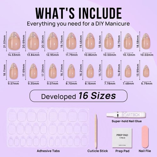 BTArtbox Short Almond Press On Nails - Aurora French Tip, Spring Glue On for Gifts, Natural Stick On in 16 Sizes - 32 Fake Nails Kit, Athena