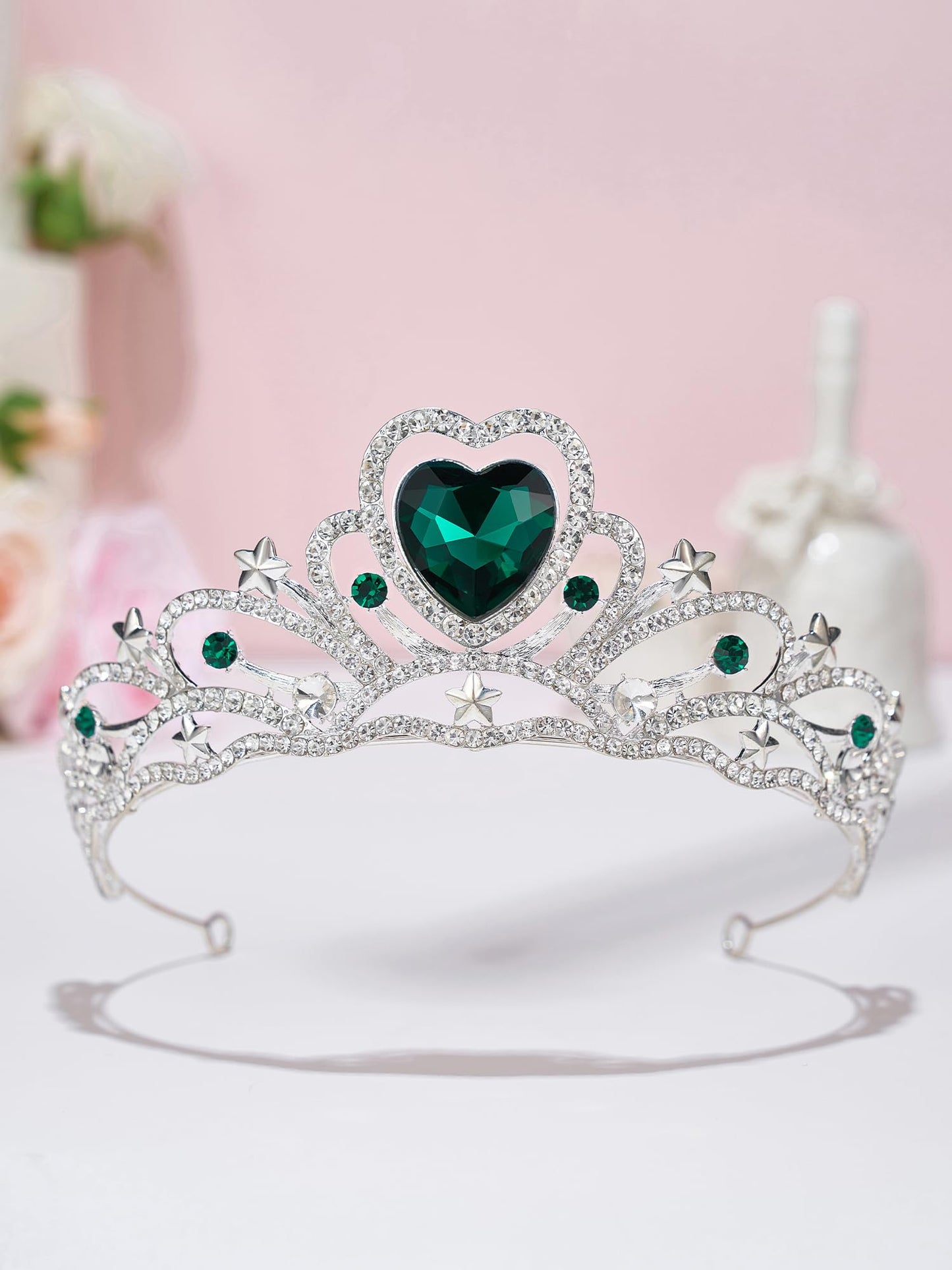 SWEETV Birthday Crowns for Women Girls Birthstone Heart Princess Tiara Silver Wedding Headband for Birth Day Party Photograph, May