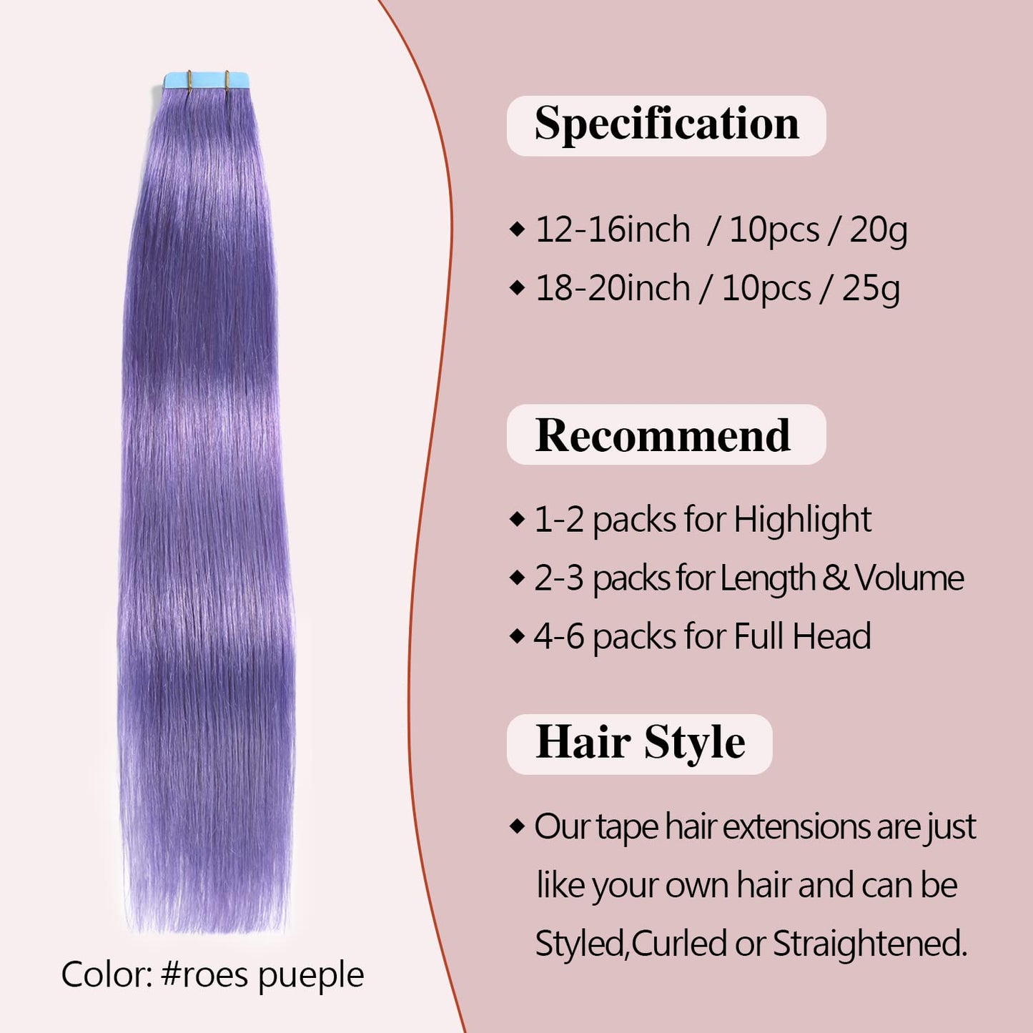 Sunya Tape in Hair Extensions Human Hair #Rose Purple Human Hair Tape in Extensions 18 Inch Straight Purple Tape in Hair Extensions 25g 10Pcs/Pack