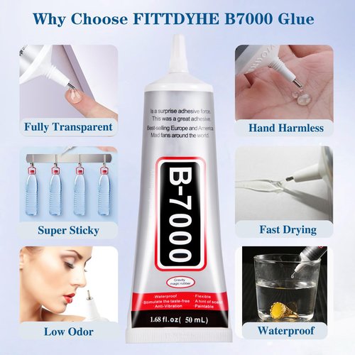 FITTDYHE B7000 Glue Clear with Precision Tip，50Ml B7000 Glue Clear for Rhinestones Glue for Crafts, Multipurpose Jewelry Glue for Fabric DIY Craft Makeup Shoes Jewelry Making Nail Art