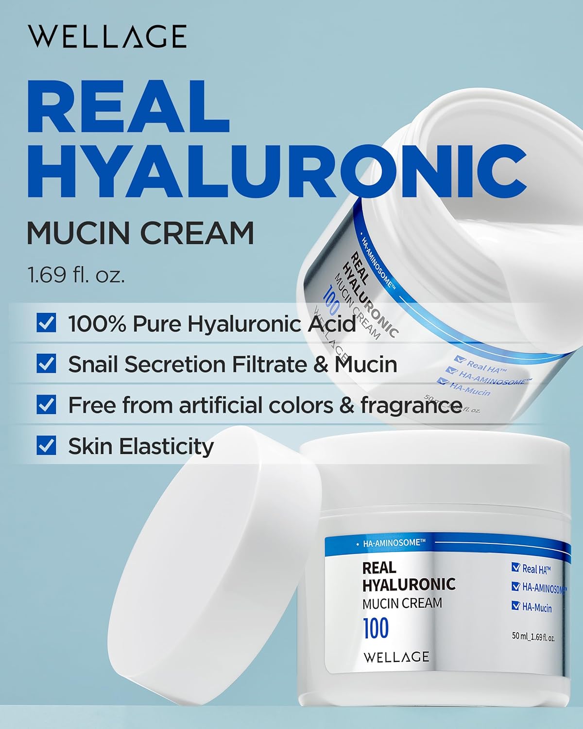 WELLAGE Real Hyaluronic Mucin Cream - Hydrating Face Gel Moisturizer with Snail Mucin - 1.69oz for All Skin Types
