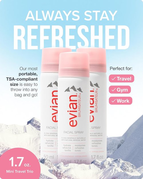 Evian Facial Spray 1.7 oz - Hydrating Mineral Water Mist for Refreshing Makeup & Toning Skin - TSA-Approved Travel Size