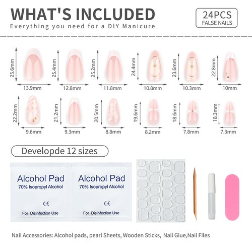 Mivota French Press On Nails Almond Medium, Fall Fake Nails Adorned with White Petal Accents and 3D Gold Lines Design, Glossy Gel Finish Acrylic Nails, Reusable Glue On Nails for Women, 24Pcs