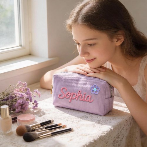 KAINSY Personalized Corduroy Makeup Bag - Custom Name & Pattern Design, Small Travel Pouch | Perfect Gift for Her