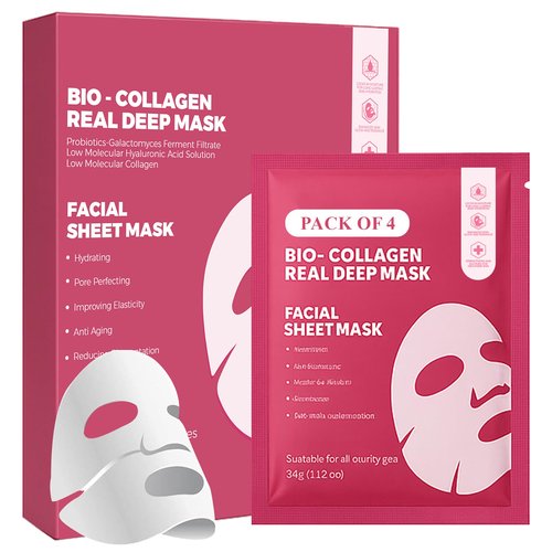BeautiQueoos Bio Collagen Face Mask - Real Masks Deep Hydration, Reduce Wrinkles, Night Treatment Pore Minimizing Moisturizing Korean Skincare,34g x4ea