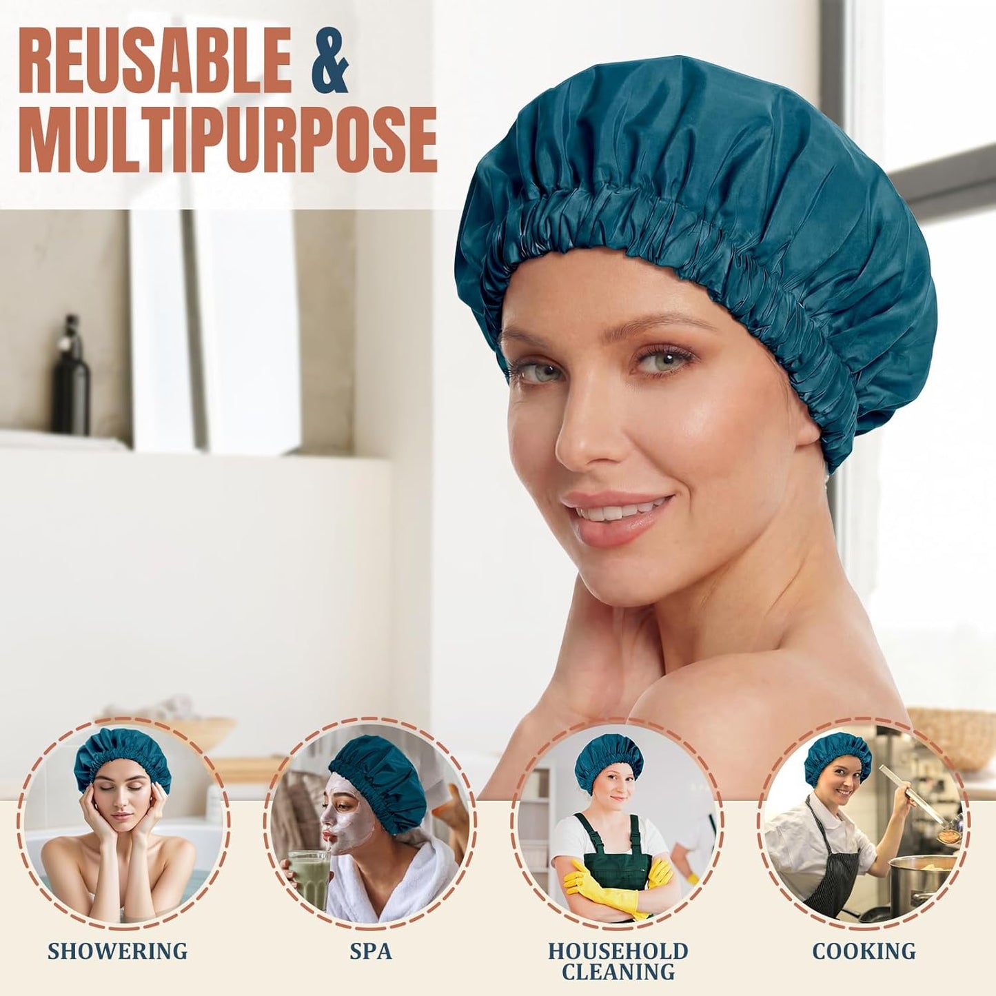 Skiennix Reusable Shower Cap - Stylish Waterproof Bonnet with Wide Elastic Band for Long Hair | Blue Zircon