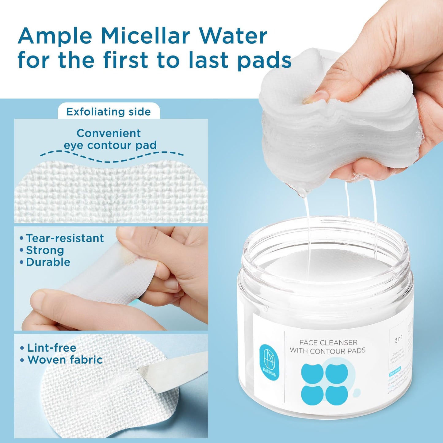 Micellar Water Facial Makeup Remover Wipes for Face - 50ea - Cleansing Make up Pads for Sensitive Skin - Lint Free, Travel Size